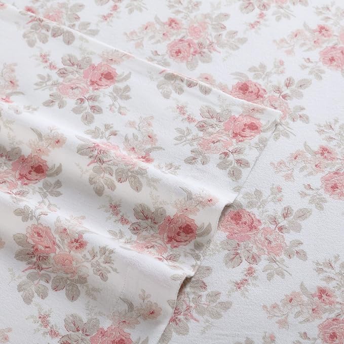 Laura Ashley - Flannel Sheets King Size, Anti-Pilling & Wrinkle Resistant Cotton, Touchably Soft for All-Season Comfort - Bed Sheets with Matching Pillowcases & Fitted Sheet (Lisalee Pink)