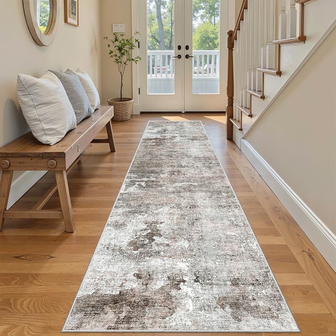 Soalmost Abstract Runner Rug 2x8 Hallway Kitchen Runners Pink/Grey | Vintage - Image 3