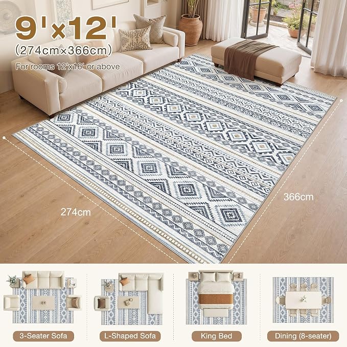 cotiled Boho 9x12 Area Rug for Living Room: Large Moroccan Washable Rug | Solve - Image 2