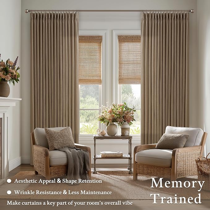 Dark Brown Pinch Pleat Semi Sheer Memory Shaped Flax Linen Curtains 50Wx92L | - Image 2