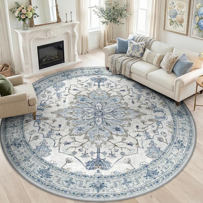 RELEANY Washable Area Rug, Round 8ft, Water Repellent, Pet Friendly, Vintage by RELEANY