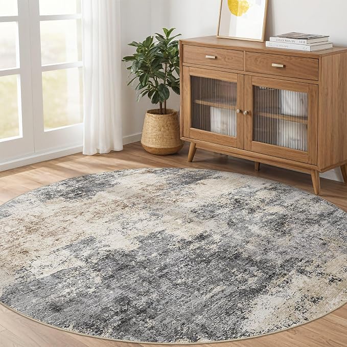 LOONGRUG Round Rug 7x7 Washable Large Neutral Modern Area Rugs Grey Brown | - Image 5