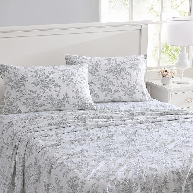 Laura Ashley - Flannel Sheets Twin Size, Anti-Pilling & Wrinkle Resistant Cotton, Touchably Soft for All-Season Comfort - Bed Sheets with Matching Pillowcase & Fitted Sheet (Vanessa Grey)