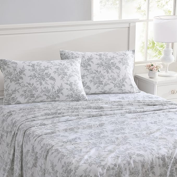 Laura Ashley - Flannel Sheets Queen Size, Anti-Pilling & Wrinkle Resistant Cotton, Touchably Soft for All-Season Comfort - Bed Sheets with Matching Pillowcases & Fitted Sheet (Vanessa Grey)