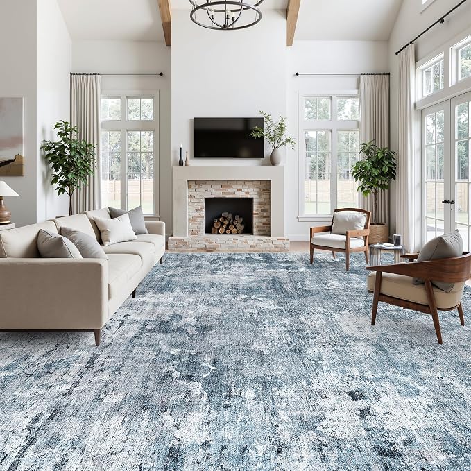 Soalmost 10x14 Area Rugs for Living Room Washable Rug Abstract Blue/Grey | - Image 3