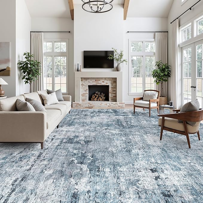 Soalmost 12x15 Washable Area Rugs Soft Living Room Rug Abstract Blue/Grey | - Image 4