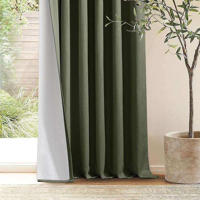 Olive Green 63 Inch Length Blackout Pinch Pleated Linen Curtains - Image 8