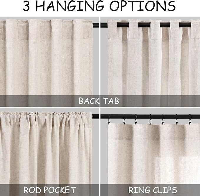 Linen 102 Inch Long Curtains for Living Room 2 Panels Back Tab Pocket Semi - Image 3