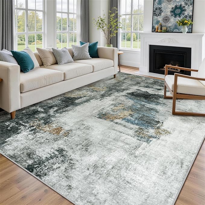 6x9 Area Rugs for Living Room Washable Bedroom Dining Room Black Gold | Modern - Image 9