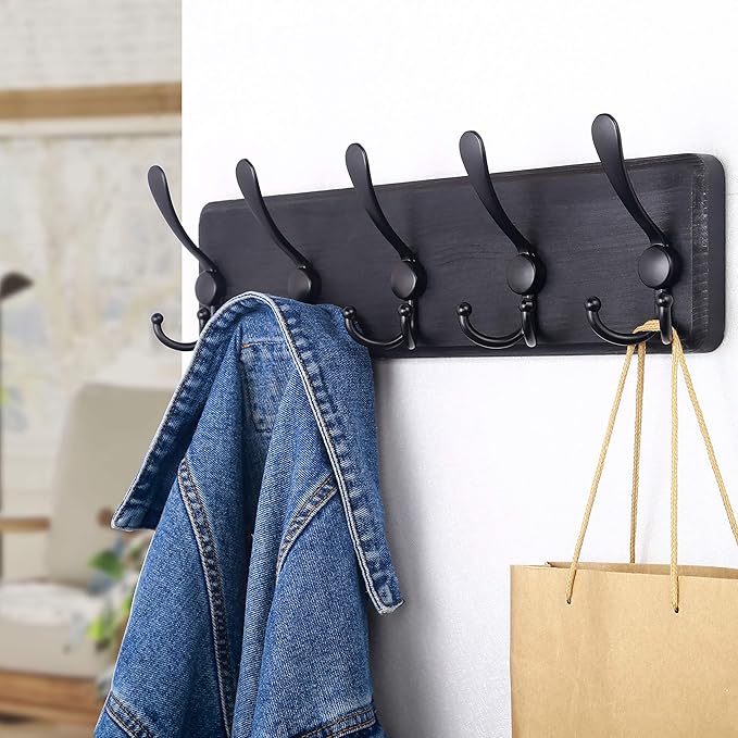 SKOLOO Coat Rack Wall Mounted - Pack of 2, Wooden, Heavy Duty, Rustic Coat Hooks for Wall, 16'' Hole to Hole, Wall Coat Rack with 5 Triple Hooks for Hanging Clothes, Jacket, Hat(Black)