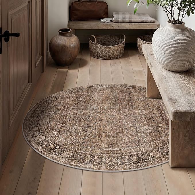 Schweek 4ft Round Rug Brown Washable Non-Slip Circle Rugs Neutral Area Rug | - Image 2