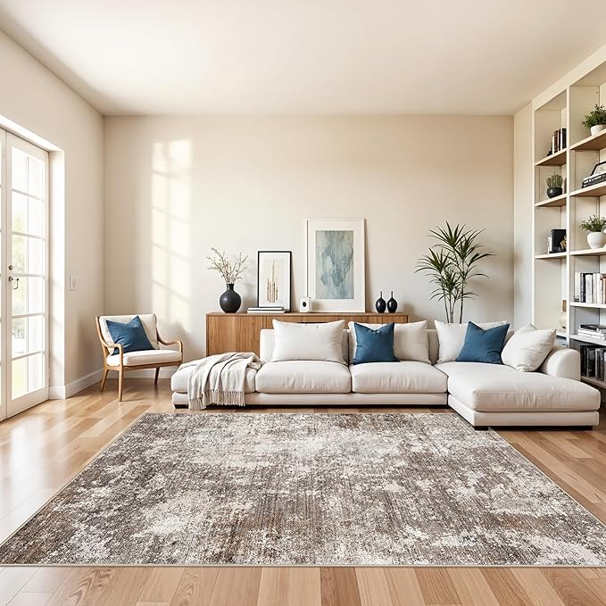6x9 Area Rug Living Room Washable Neutral Brown Beige | Soft Low Pile Non Slip by BYYVOORugsforYourHome