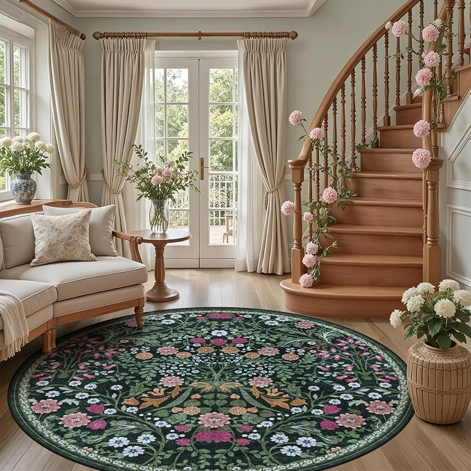 PLHXFR Round Area Rug Living Room: 8 ft Floral Washable Carpet Dark Green | - Image 5