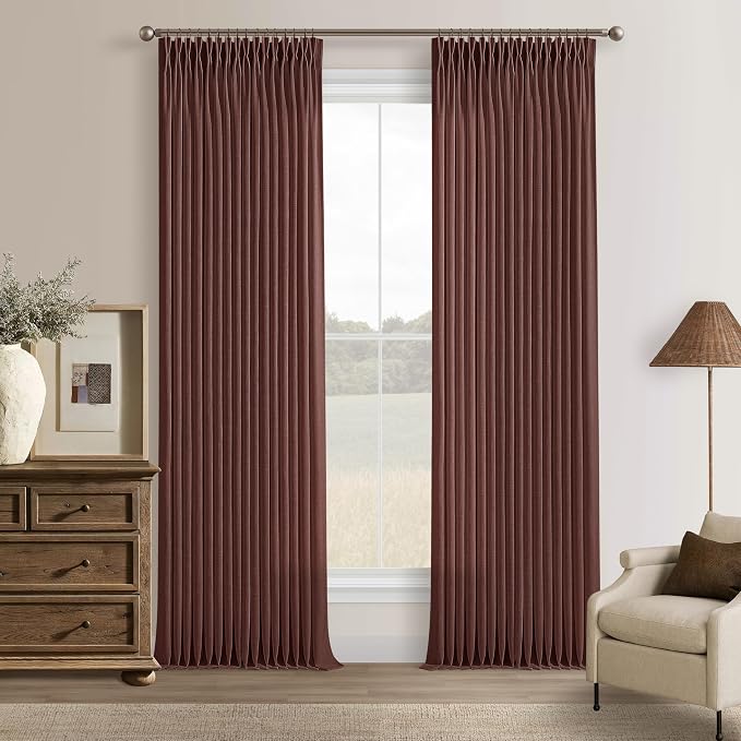 108 Inch Chestnut Brown Linen Pleated Light Filtering Curtains by Twodrapes