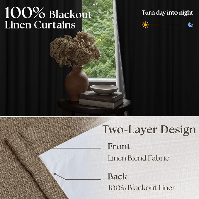 Latte Pinch Pleated 100% Blackout Linen Bedroom Curtains 86 Inch Length | - Image 2
