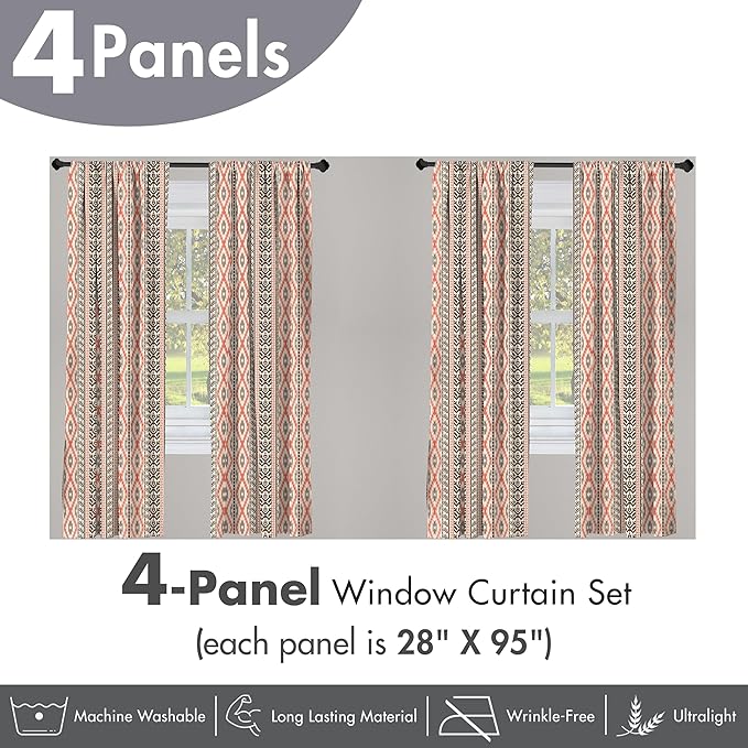 Ambesonne Southwestern Window Curtains Pack of 2, Traditional Vertical Borders Inspired by Prehistoric Art Ikat Style, Lightweight Set with Rod Pocket, 4 Panels of - 28" x 95", Brown Coral