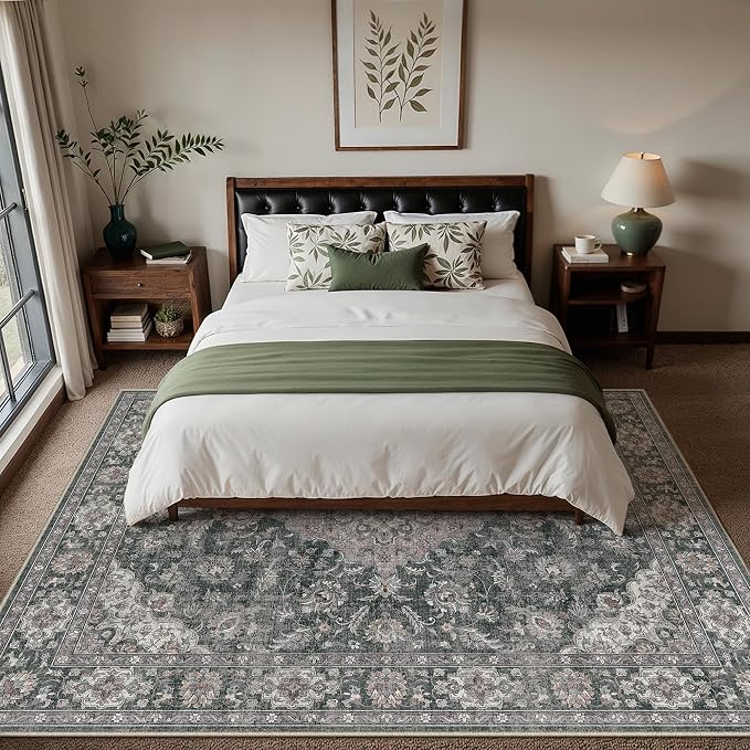 8x10 Black Grey Retro Floral Washable Area Rug - Image 4