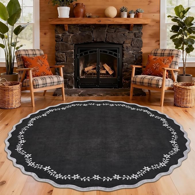 GarveeHome Large Round Rug 8ft Scalloped Washable Circle Living Room Rug | Soft - Image 3