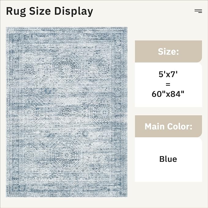 Soalmost 5x7 Area Rugs Blue Low Pile Washable Trendy Faded Style Rug | Vintage - Image 3