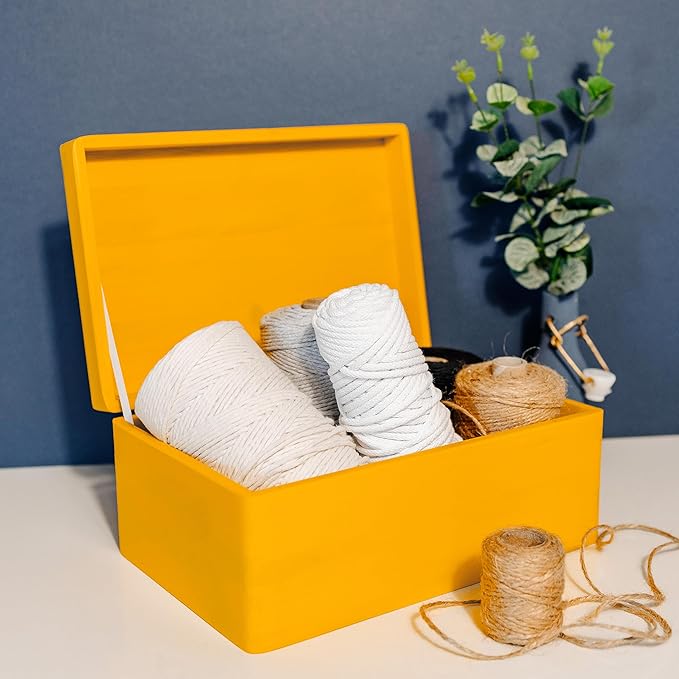 Large Yellow Wooden Box Storage with Hinged Lid | 11.8 x 7.87 x 5.51 inches (+-0.5) | Gift Box for Tool Dog Toy Shoes Clothes Kitchen Storage | Wood Keepsake Chest