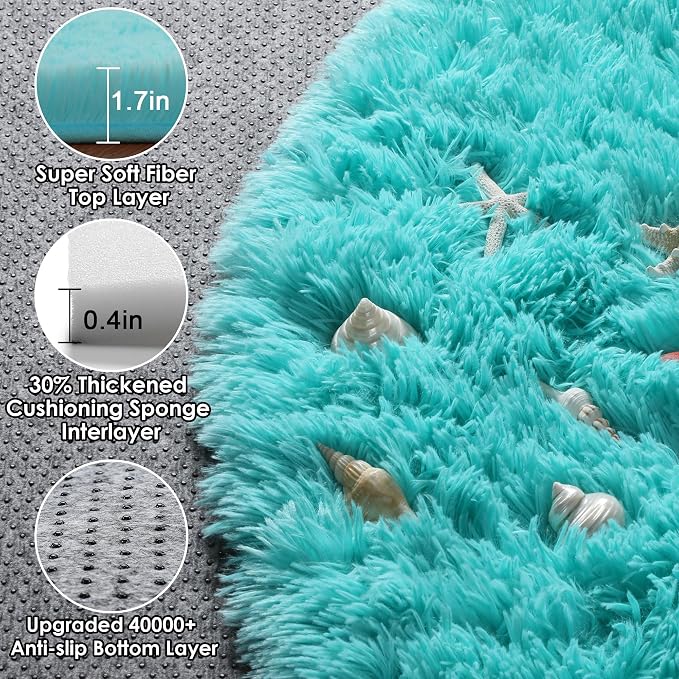 Teal Blue Round Area Rug 4ft, Soft Fluffy Bedroom Bedside Floor Circle Rugs - Image 2