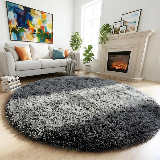 Amdrebio Grey Round Fluffy Area Rug 5Ft - Image 3