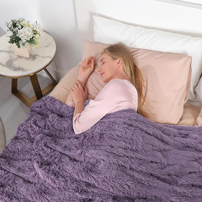 Tuddrom Decorative Extra Soft Fuzzy Faux Fur Throw Blanket 50" x 60",Solid Reversible Long Hair Shaggy Blanket,Fluffy Plush Comfy Microfiber Fleece Blanket for Couch Sofa Bedroom,Patrican Purple