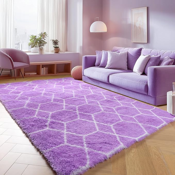 Area Rugs for Bedroom, 4x6 Fluffy Carpet Purple and White Geometric Rug | Boho - Image 7