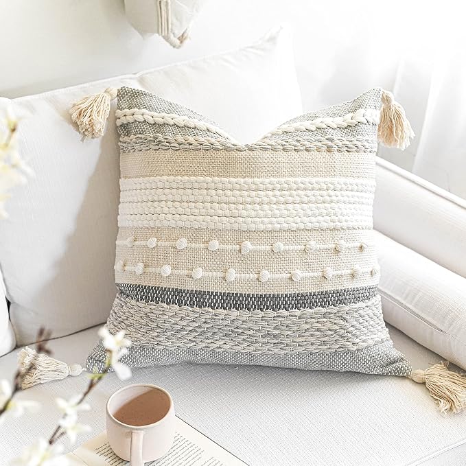 Gray Boho Throw Pillow Cover 22x22, Square Woven Textured Pillowcase, Modern - Image 6