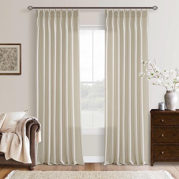 Pinch Pleat 132 Inch Beige Linen Semi Sheer Memory Shaped Boho Curtains 50W | by Twodrapes