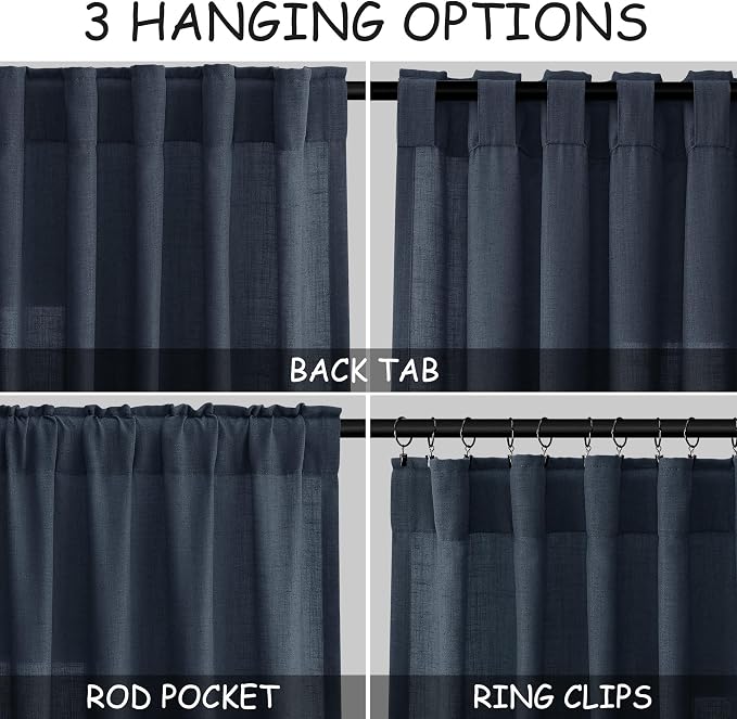Vintage Blue Linen Curtains 102 Inches Long Rod Pocket Back Tab Drapes 2 Panels - Image 2