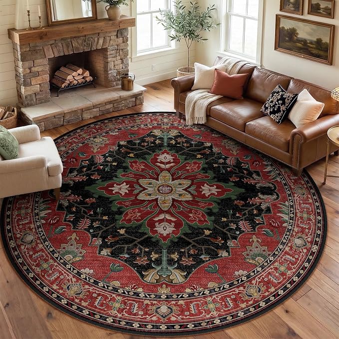 RELEANY Washable Area Rug, Round 8ft, Water Repellent, Pet Friendly, Vintage by RELEANY