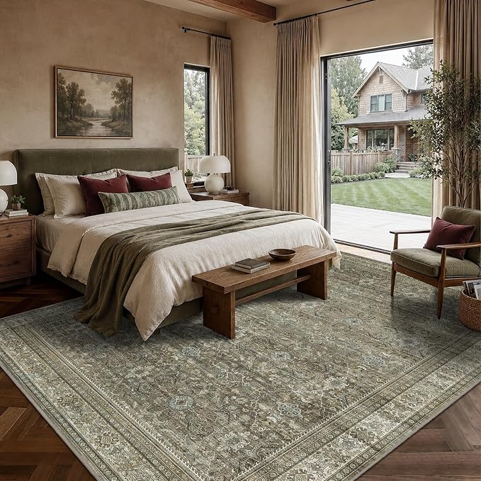 Schweek 9x12 Area Rug Brown Grey Washable Neutral Vintage Distressed Rugs | - Image 3