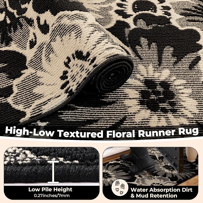 Findosom Hallway Runner Rug 2x10, Non Slip High-Low Textured Floral Washable - Image 4