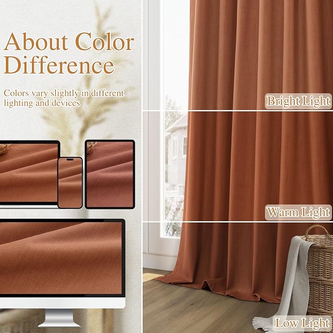 Terracotta 100% Blackout Linen Curtains 102 Inch Length 2 Panels Set Fall - Image 7