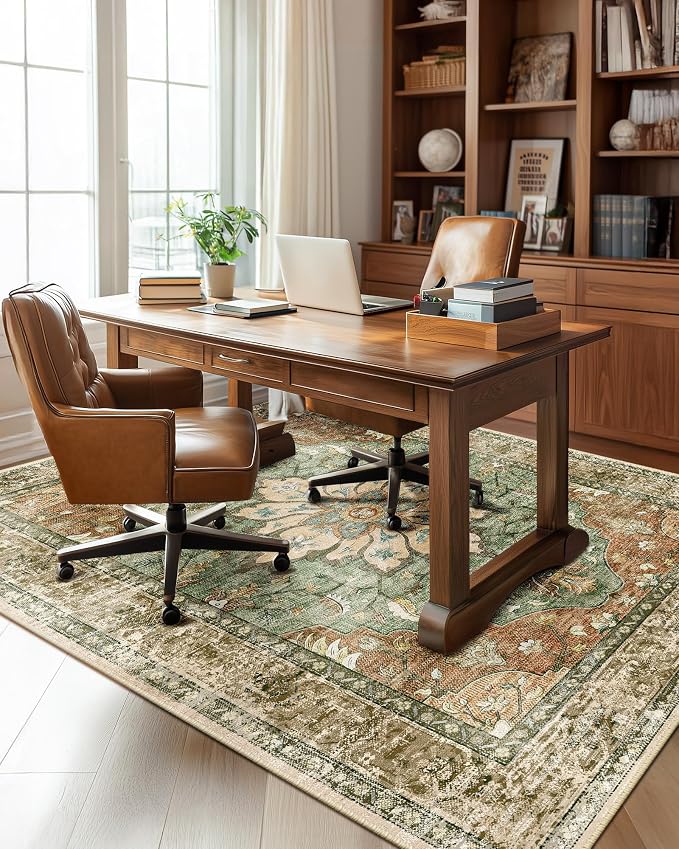 RELEANY Washable Area Rug, Brick/Brown/Green | Non-Slip, Water Repellent - Image 3