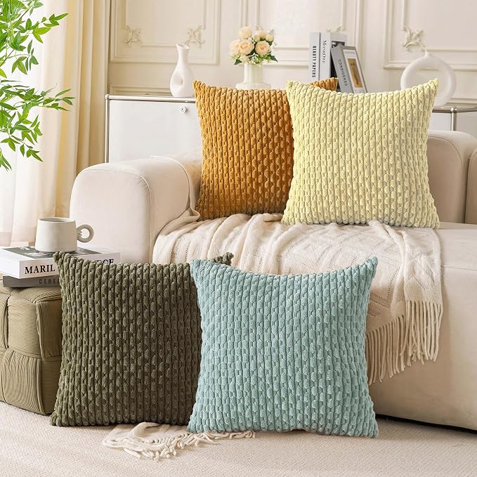 Set of 4 Yellow Olive Aqua Decorative Throw Pillow Covers 26x26 Inch Corduroy by Cozoomy
