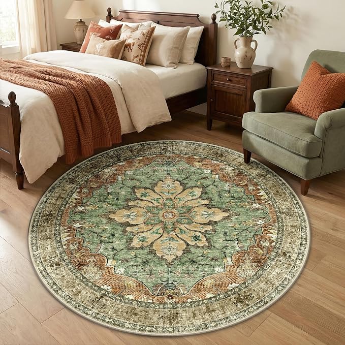 RELEANY Washable Area Rug, Round 5ft, Brick/Brown/Green | Non-Slip, Water - Image 2
