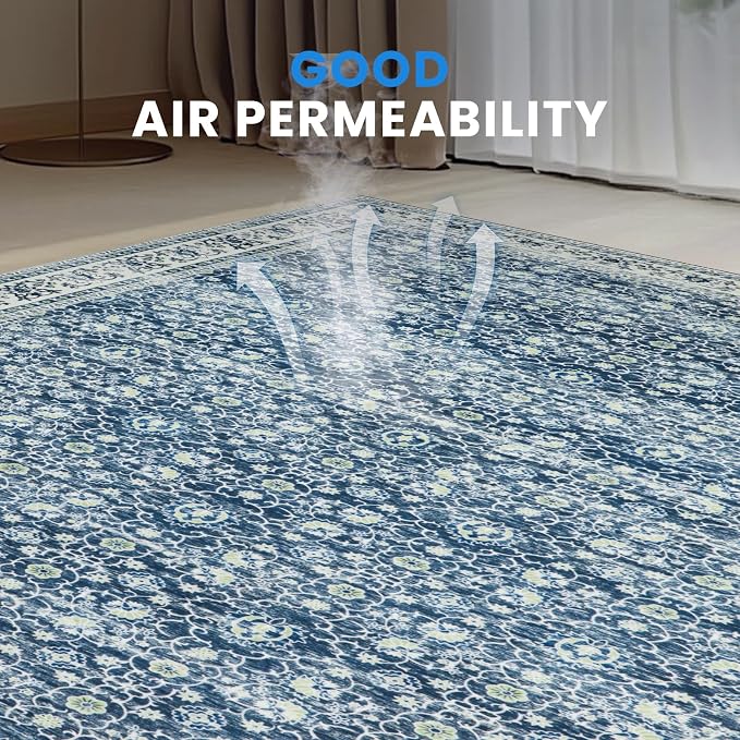 8x10 Boho Washable Area Rugs for Living Room, Dining Room-White Blue | Retro - Image 5