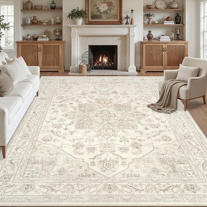 8x10 Area Rugs Living Room: Bedroom Washable Carpet Beige White | Vintage Boho by Luxturiy