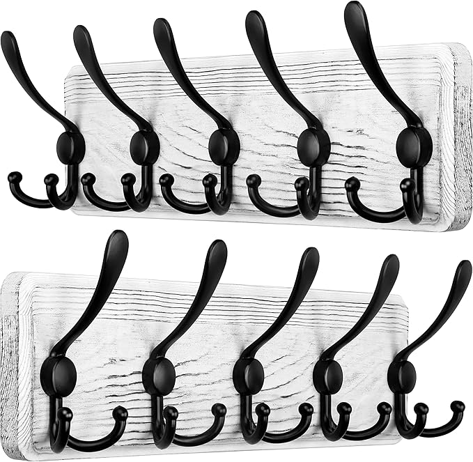 SKOLOO Rustic Wall Mounted Coat Rack: Pine Real Wood Plank Wall Coat Rack with 5 Triple Hooks, Farmhouse Coat Hanger Wall Mount for Hanging Backpack Jacket Coat Hat,Pack of 2
