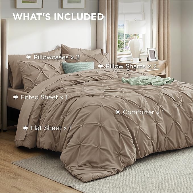 Bedsure California King Comforter Set Khaki - Bed in a Bag Cal King Bedding Set 7 Pieces, GentleSoft™ Pintuck Bed Set Gift for Family, Pinch Pleat Khaki Comforter with Sheets, Pillowcases & Shams
