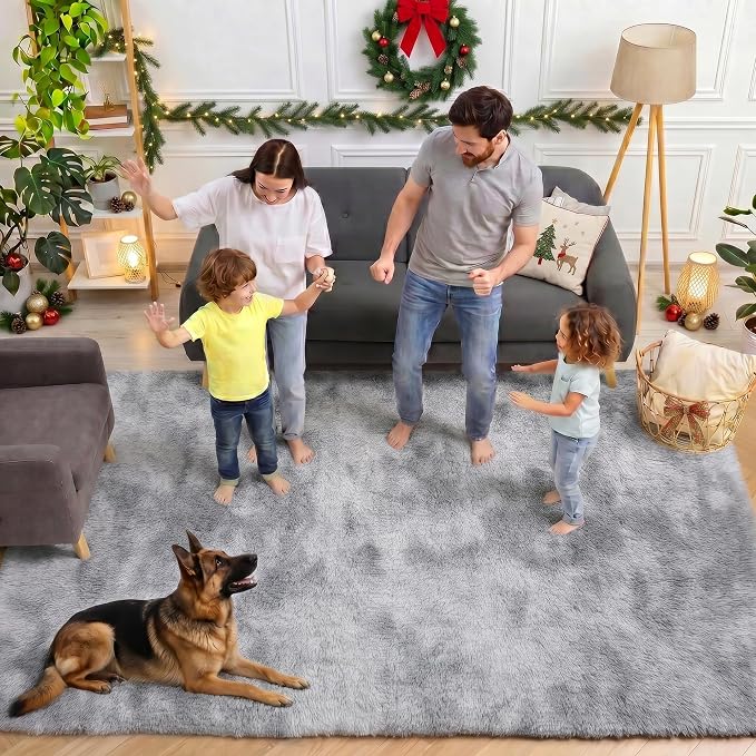 Area Rugs 9x12 Living Room, Tie-Dyed Light Grey Large Fluffy Bedroom Rug - Image 4