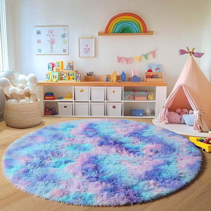 Rainbow Round Area Rugs 6ft, Fluffy Soft Bedroom Circle Rug by ONASAR