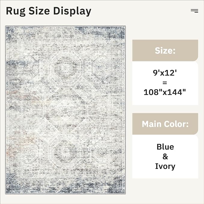 Soalmost 9x12 Area Rugs for Living Room Washable Rug Non-Slip Blue/Ivory | - Image 5