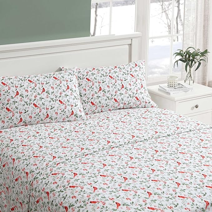 Laura Ashley - Flannel Sheets Queen Size, Anti-Pilling & Wrinkle Resistant Cotton, Touchably Soft for All-Season Comfort - Bed Sheets with Matching Pillowcases & Fitted Sheet (Jolly Cardinals Green)