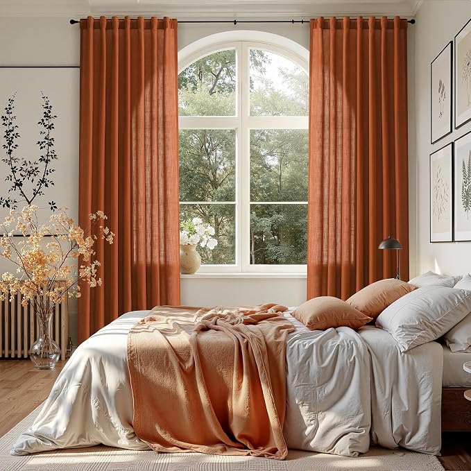 Rust Linen Curtains for Living Room 72 Inches Long Light Filtering Semi Sheer - Image 7