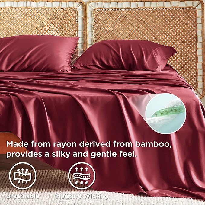 Bedsure Queen Sheet Set, Rayon Derived from Bamboo, Cooling Sheets, Breathable & Soft, Deep Pocket Up to 16 Inches, Hotel Luxury Silky Bedding for Hot Sleepers, Burgundy