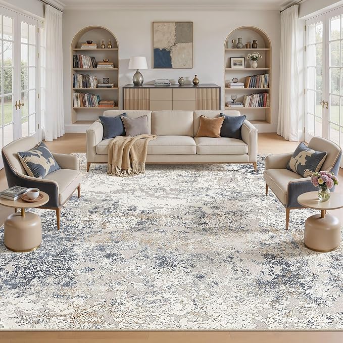 DMOYEST Square Area Rug Living Room Rugs 12x12 Washable Beige Blue Carpet | - Image 2