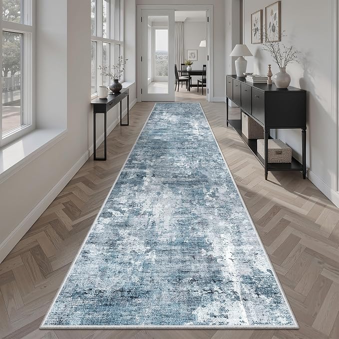 Soalmost Abstract Runner Rug 2x10 Hallway Kitchen Runners Blue/Grey | Stain - Image 4